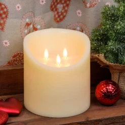 Candela in cera ruvida avorio con 3 fiamme, h 15 cm