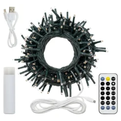 Catena a batteria con power bank 10 m, 200 miniled bianco caldo, cavo verde