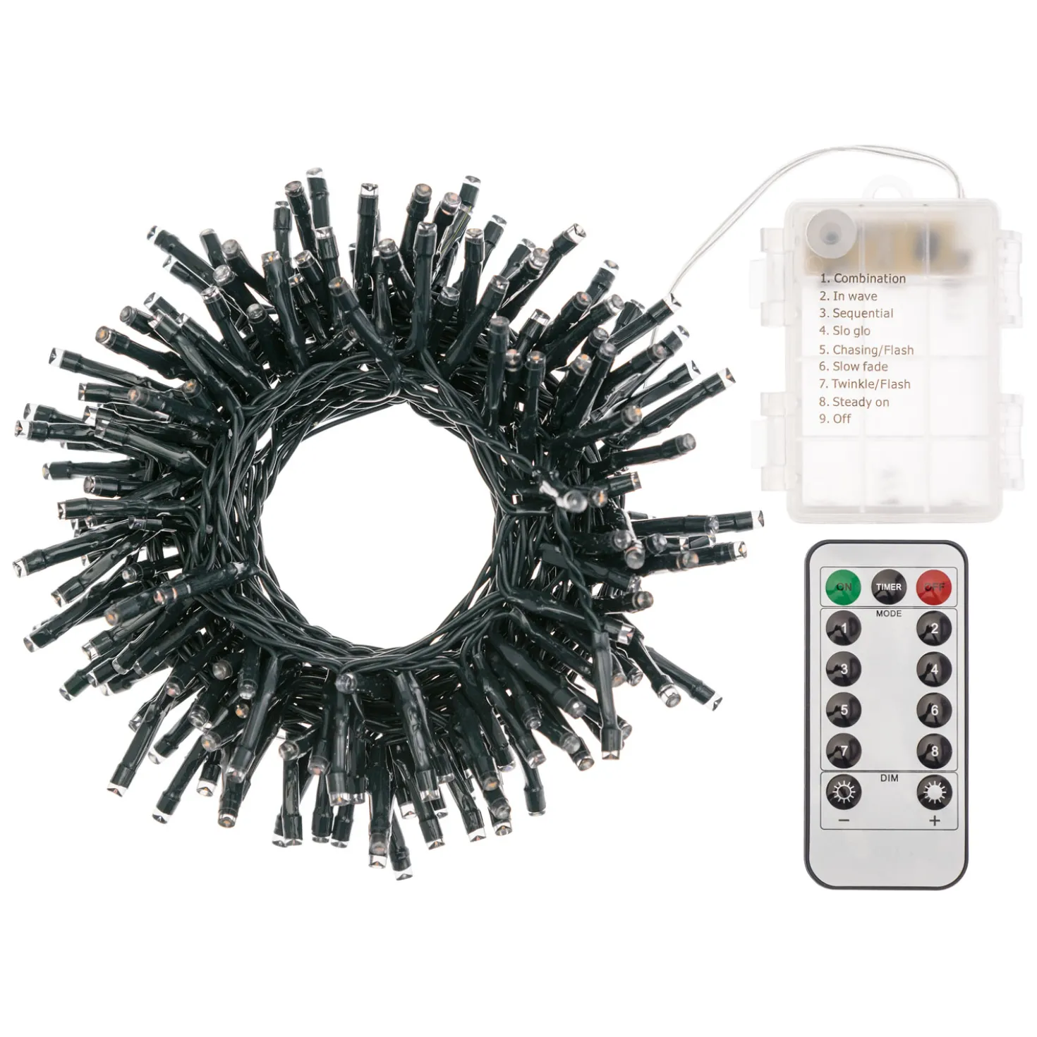 Catena a batteria 7,2 m, 180 led bianco caldo, cavo verde, con telecomando