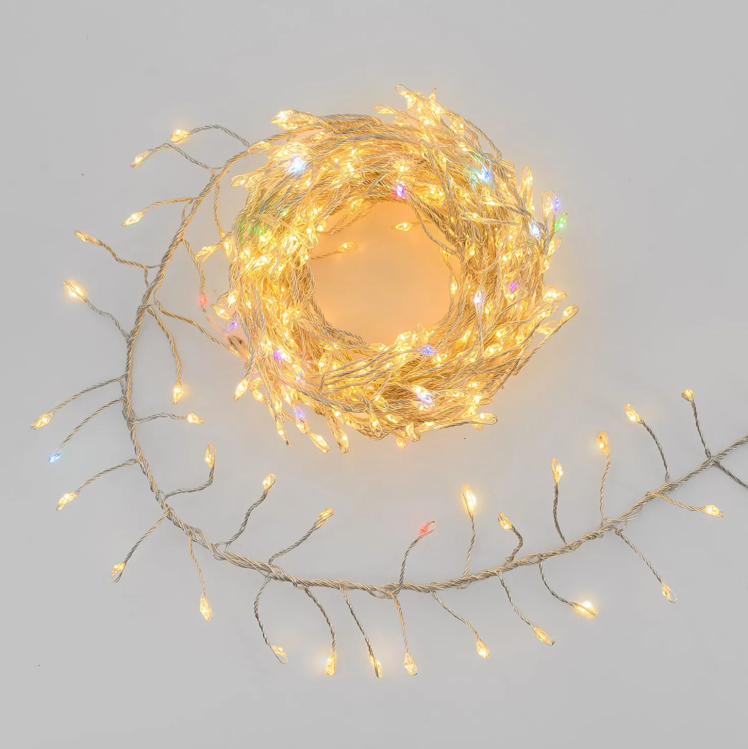 Catena Festone 10 m, 800 microled bianco caldo e RGB, cavo metal argento