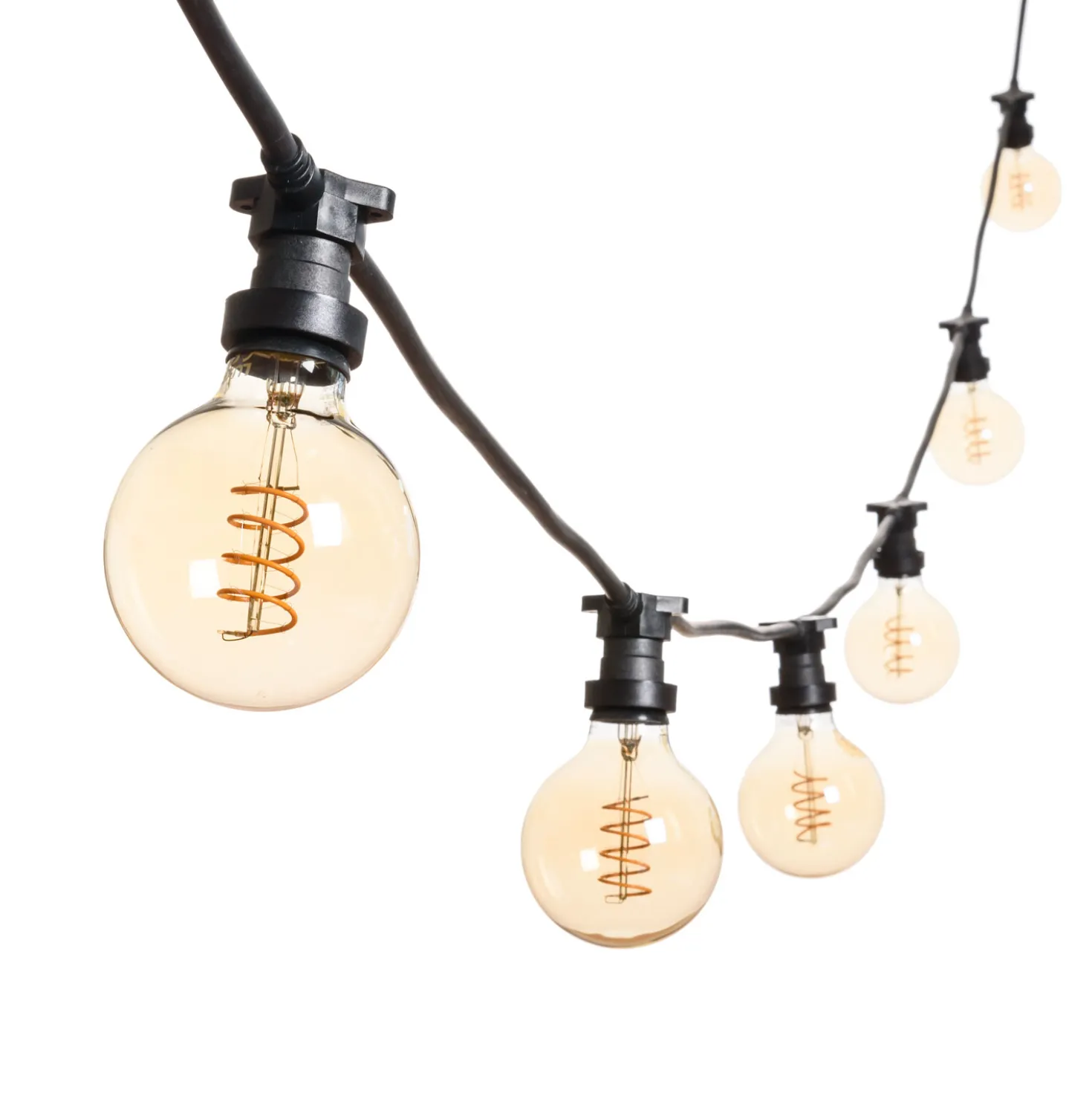 Catena 5 m, 16 lampadine globo Ø 95 mm di 4 Watt, led a spirale, cavo nero, prolungabile