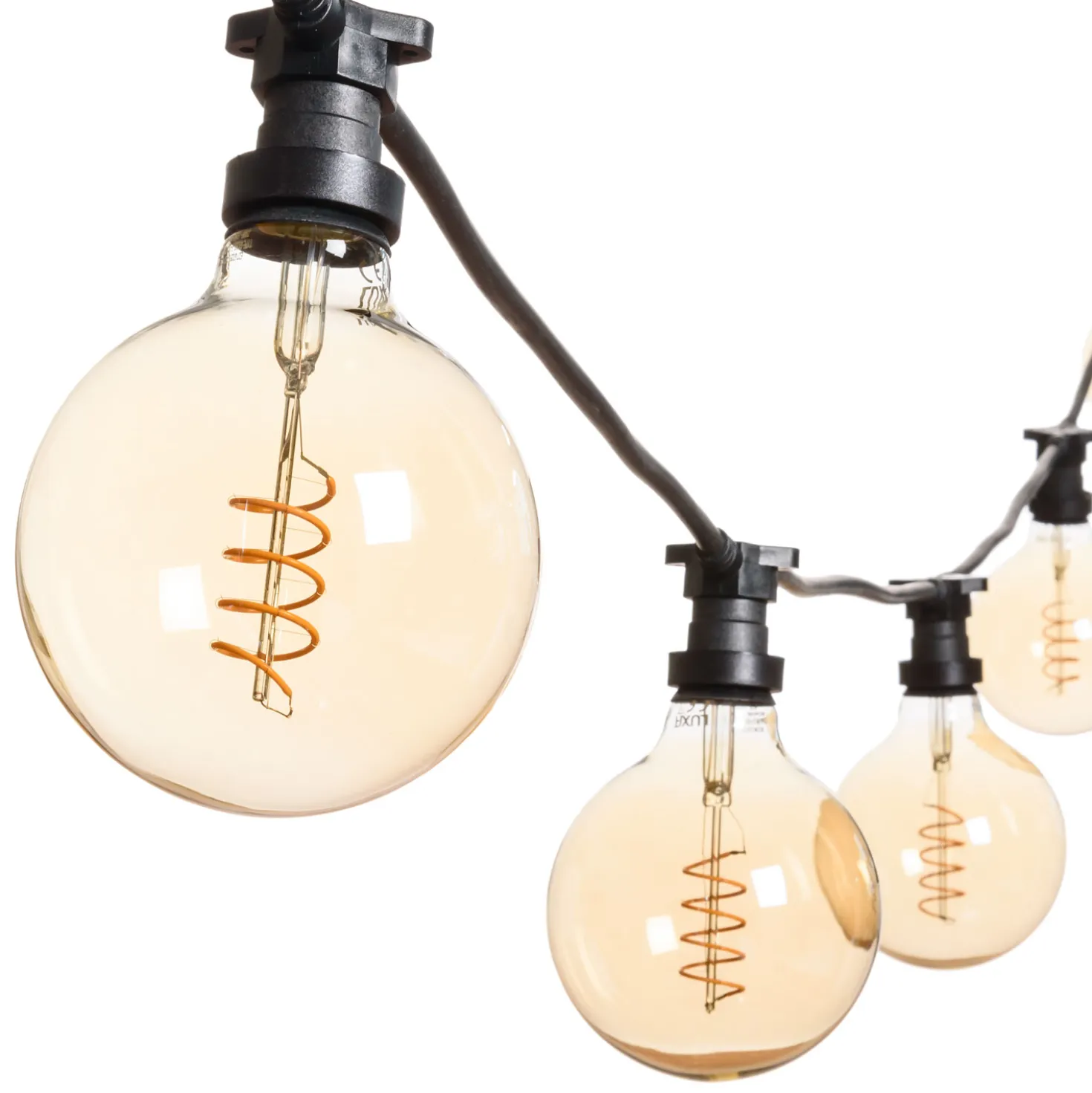 Catena 5 m, 5 lampadine globo Ø 125 mm di 4 Watt led, led a spirale, cavo nero, prolungabile