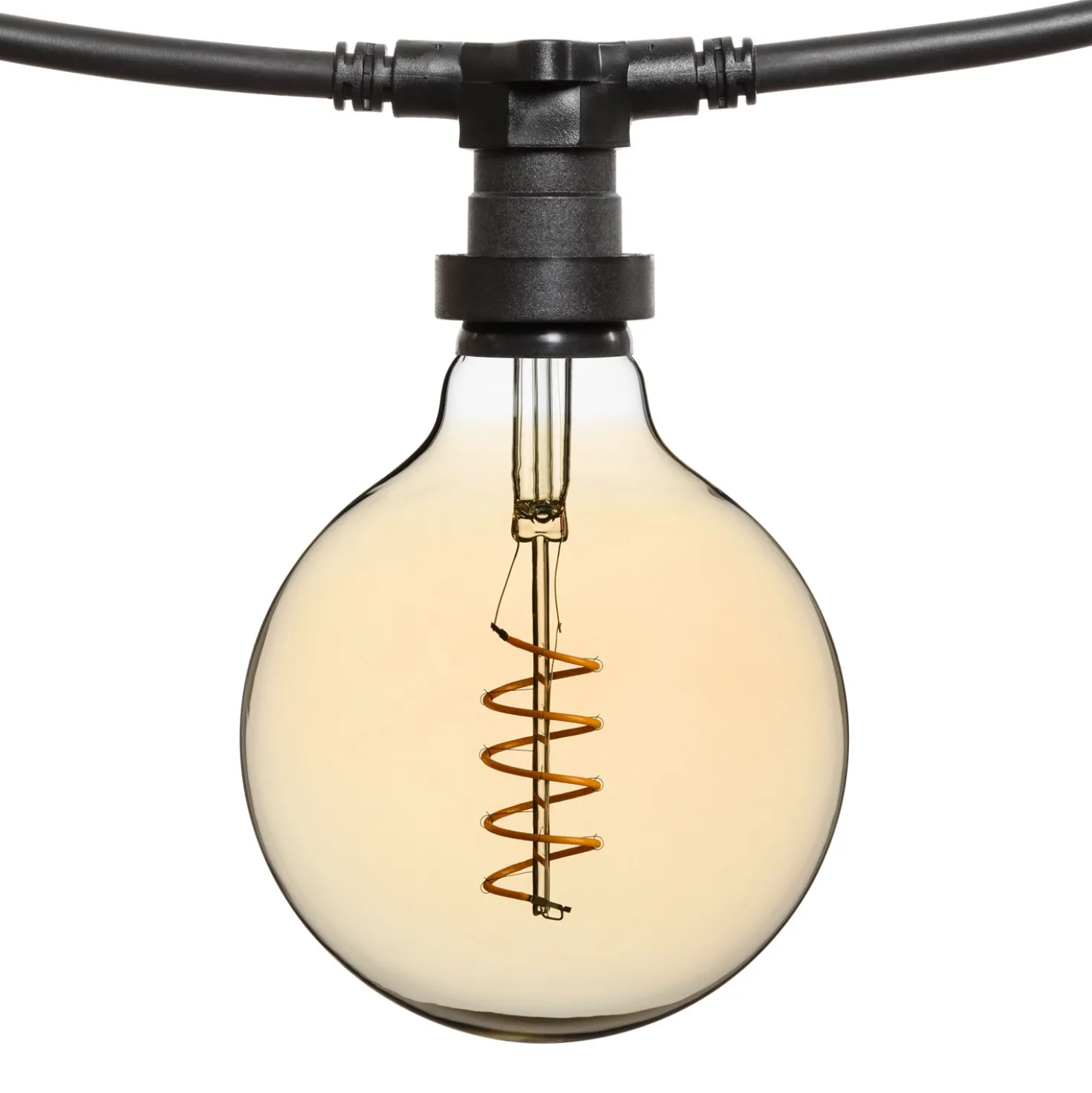 Catena 5 m, 5 lampadine globo Ø 125 mm di 4 Watt led, led a spirale, cavo nero, prolungabile