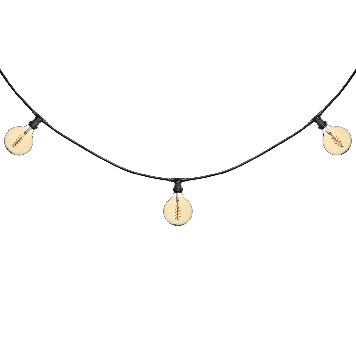 Catena 5 m, 5 lampadine globo Ø 125 mm di 4 Watt led, led a spirale, cavo nero, prolungabile