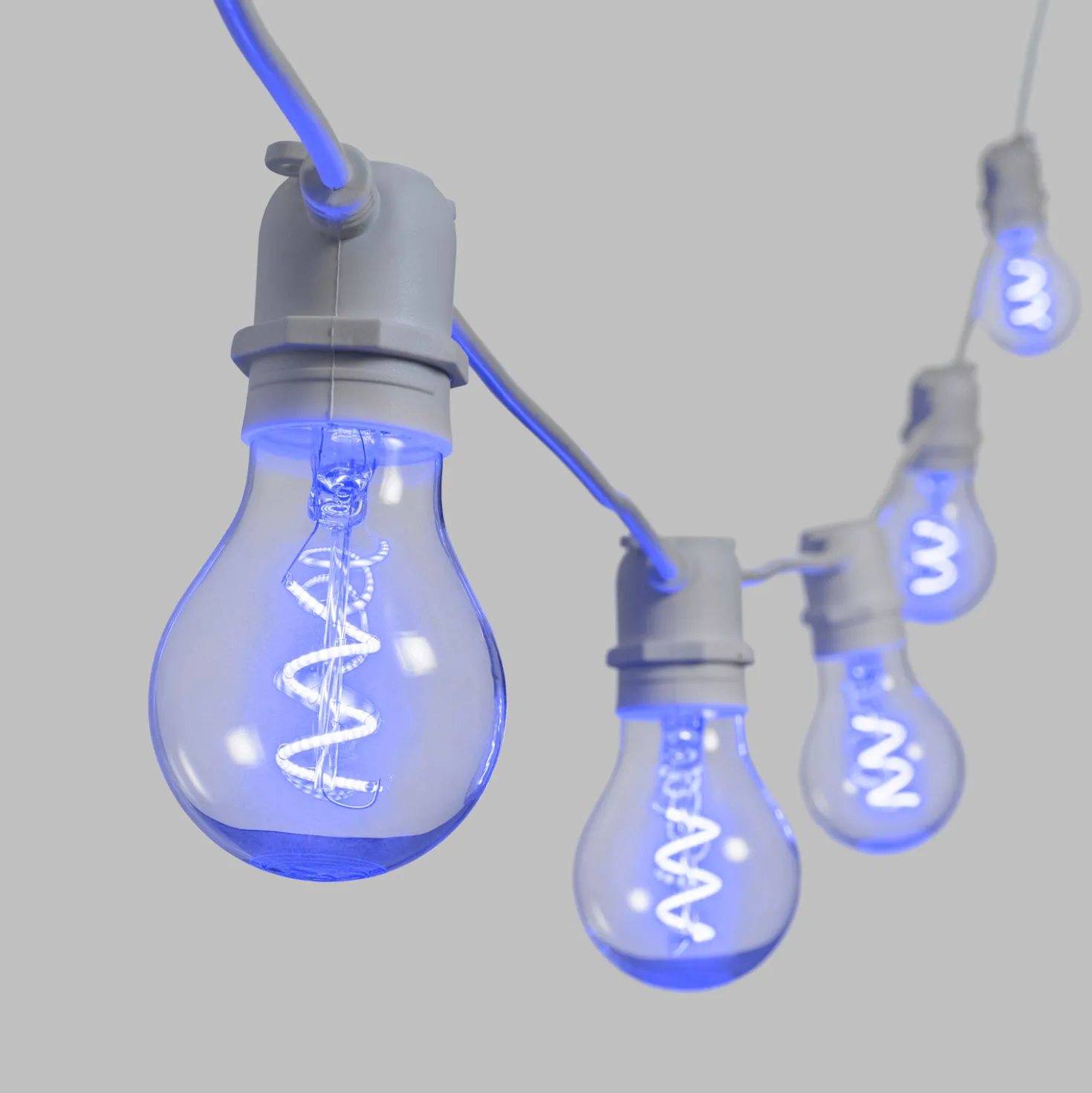 Catena 5 m, 10 lampadine goccia Ø 60 mm, led blu a spirale, prolungabile