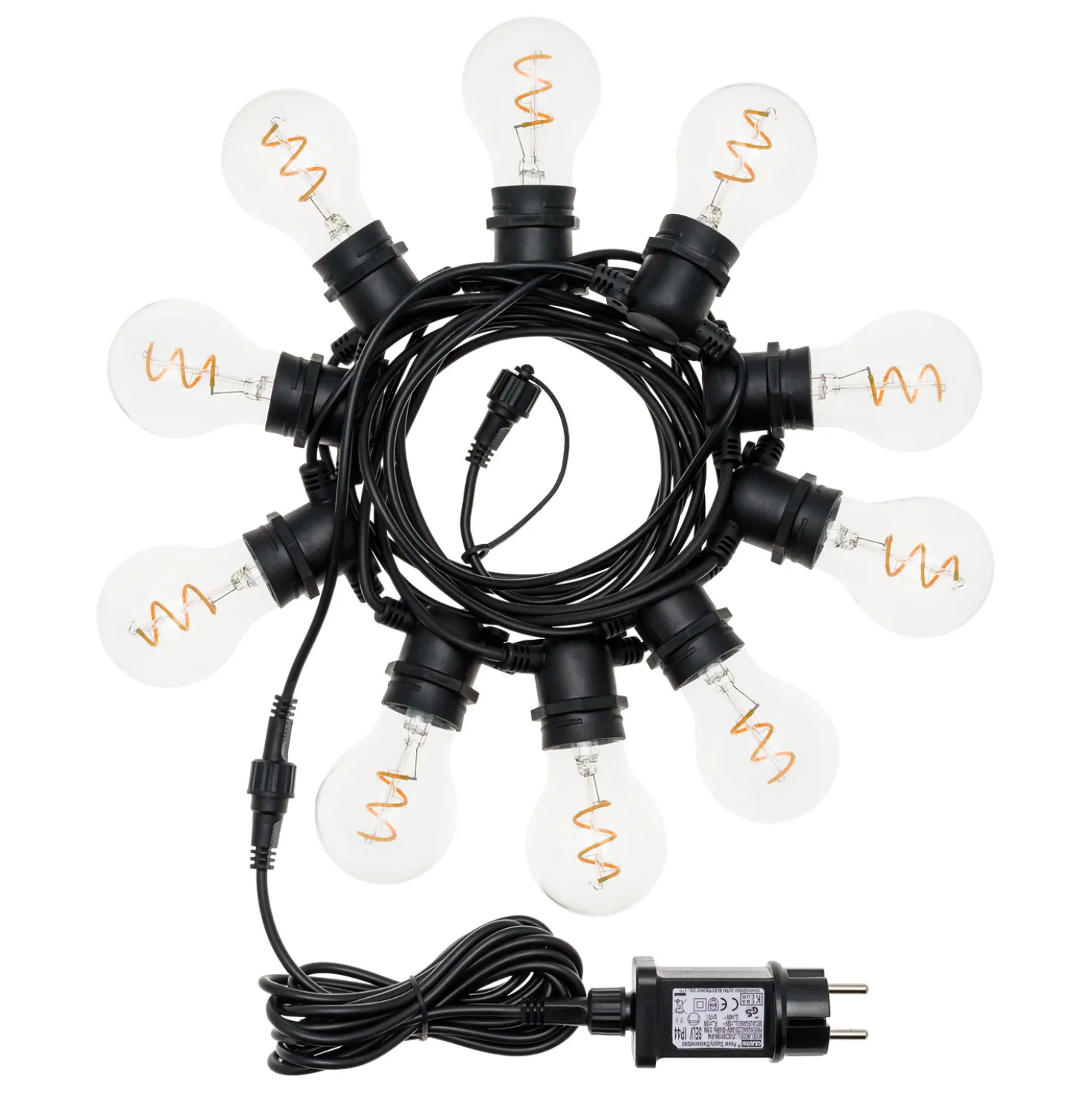 Catena 5 m, 10 lampadine goccia Ø 60 mm, led bianco caldo a spirale, prolungabile