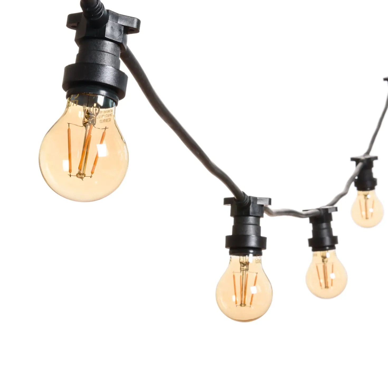 Catena 5 m, 5 lampadine led a goccia Ø 60 mm di 4 Watt, dimmerabili, cavo nero, prolungabile