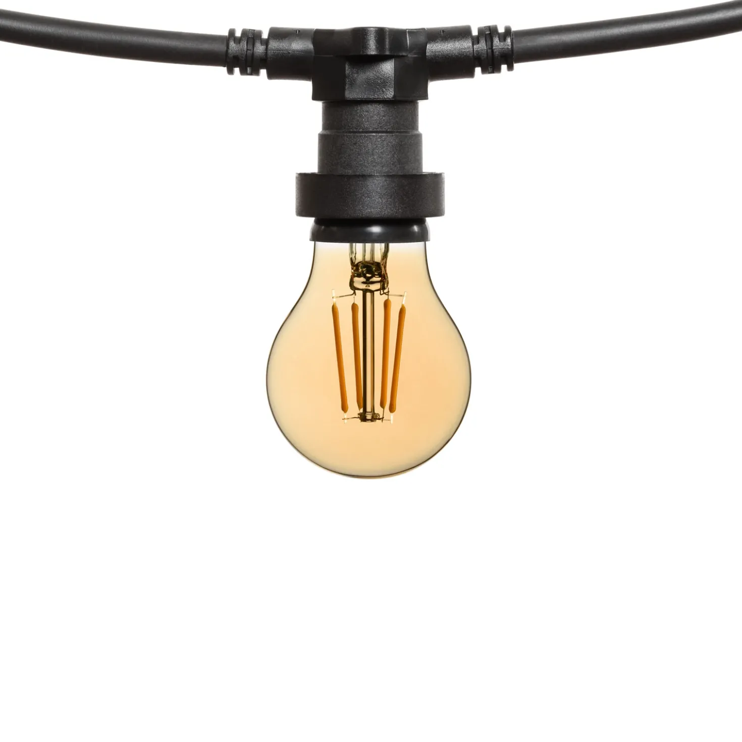 Catena 5 m, 5 lampadine led a goccia Ø 60 mm di 4 Watt, dimmerabili, cavo nero, prolungabile