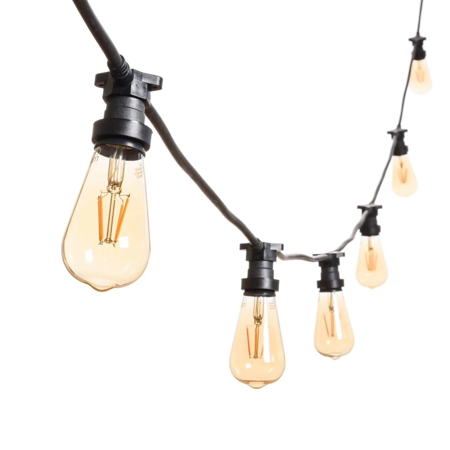 Catena 5 m, 8 lampadine led Edison Ø 64 mm di 4 Watt, cavo nero, prolungabile