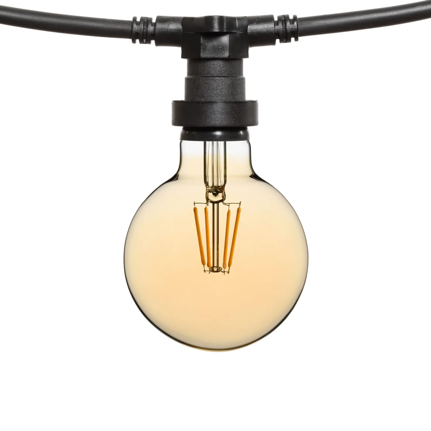 Catena 5 m, 16 lampadine led globo Ø 95 mm di 8 Watt, dimmerabili, cavo nero, prolungabile