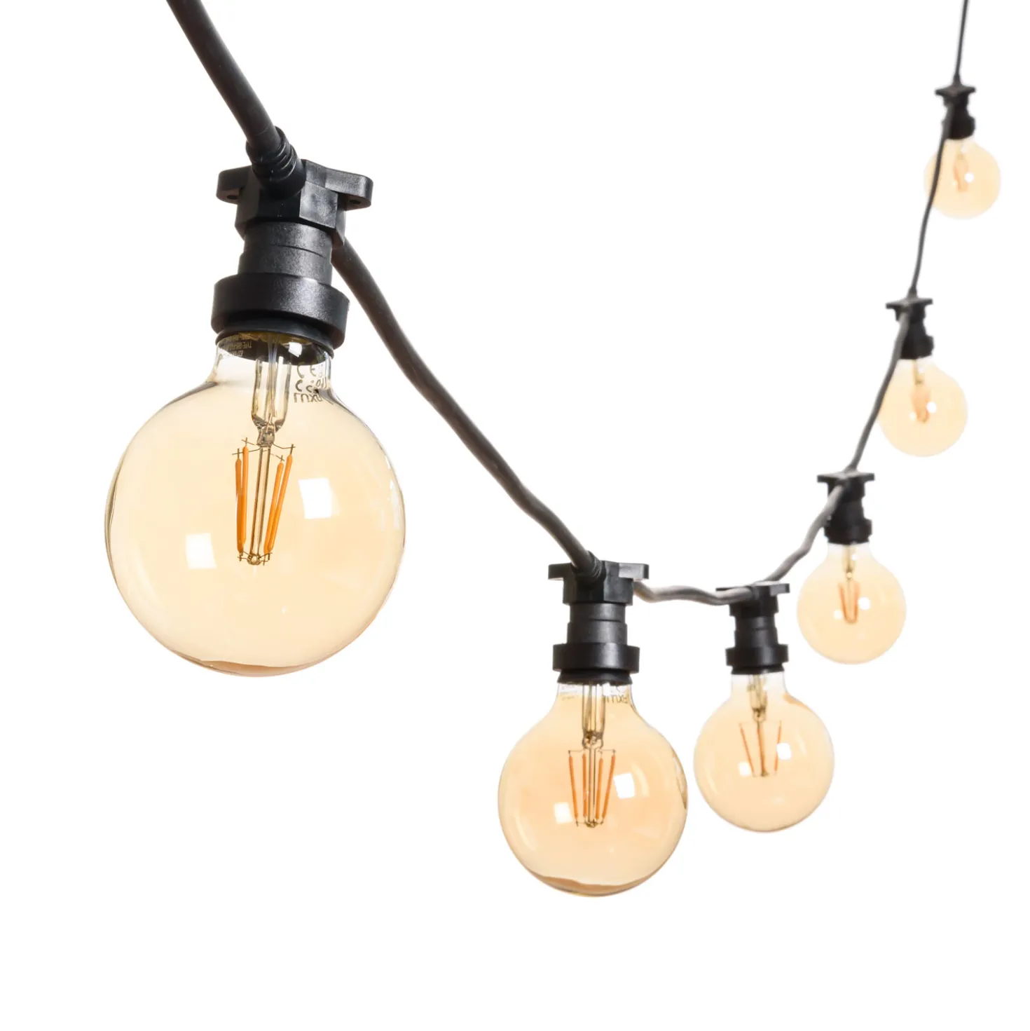 Catena 5 m, 16 lampadine led globo Ø 95 mm di 8 Watt, dimmerabili, cavo nero, prolungabile