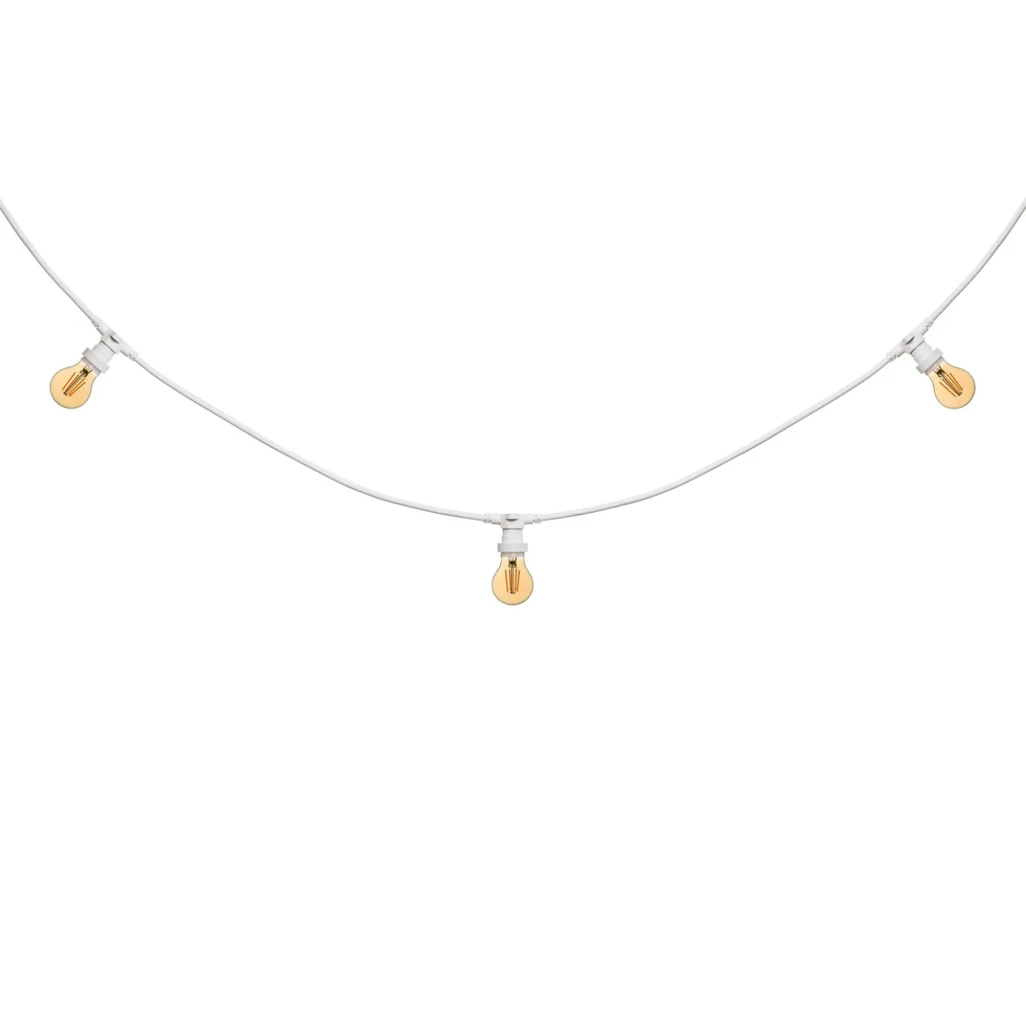 Catena 5 m, 5 lampadine led goccia Ø 67 mm di 8 Watt, dimmerabili, cavo bianco, prolungabile