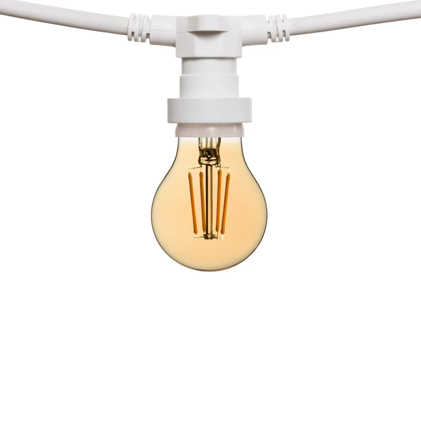 Catena 5 m, 5 lampadine led goccia Ø 67 mm di 8 Watt, dimmerabili, cavo bianco, prolungabile