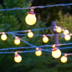 Catena 5 m, 10 sfere bianche Ø 50 mm, led bianco caldo, cavo trasparente, prolungabile