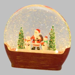 Lanterna in vetro rosso antico, paesaggio con nevicata glitter, h 19 cm, led bianco caldo