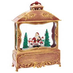 Lanterna natalizia a batteria rosso antico con nevicata glitter, h. 27 cm