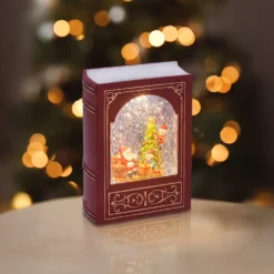 Lanterna natalizia Libro Bordeaux-Oro, glitter scintillanti, h 23 cm, led bianco caldo, musiche natalizie