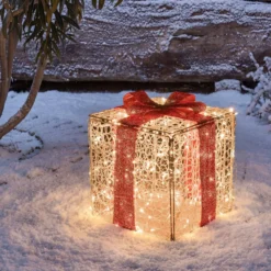 Pacco regalo 3D in acrilico trasparente, h 40 cm, 200 Dual LED bianco caldo e bianco freddo