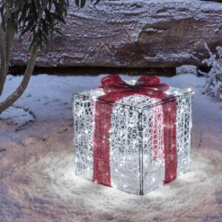 Pacco regalo 3D in acrilico trasparente, h 40 cm, 200 Dual LED bianco caldo e bianco freddo
