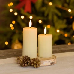 Set 2 candele avorio a coste in cera, fiamma 3D con stoppino