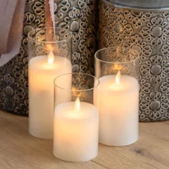 Set 3 candele in vetro, led bianco caldo