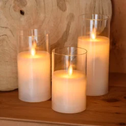 Set 3 candele in vetro, led bianco caldo