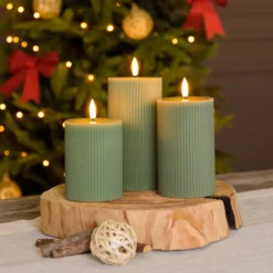 Set 3 candele verdi a coste in cera, fiamma 3D con stoppino