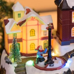 Villaggio Innevato con Chiesa e Trenino, Albero e Giostra per Bambini rotanti, h 27 cm, musiche natalizie
